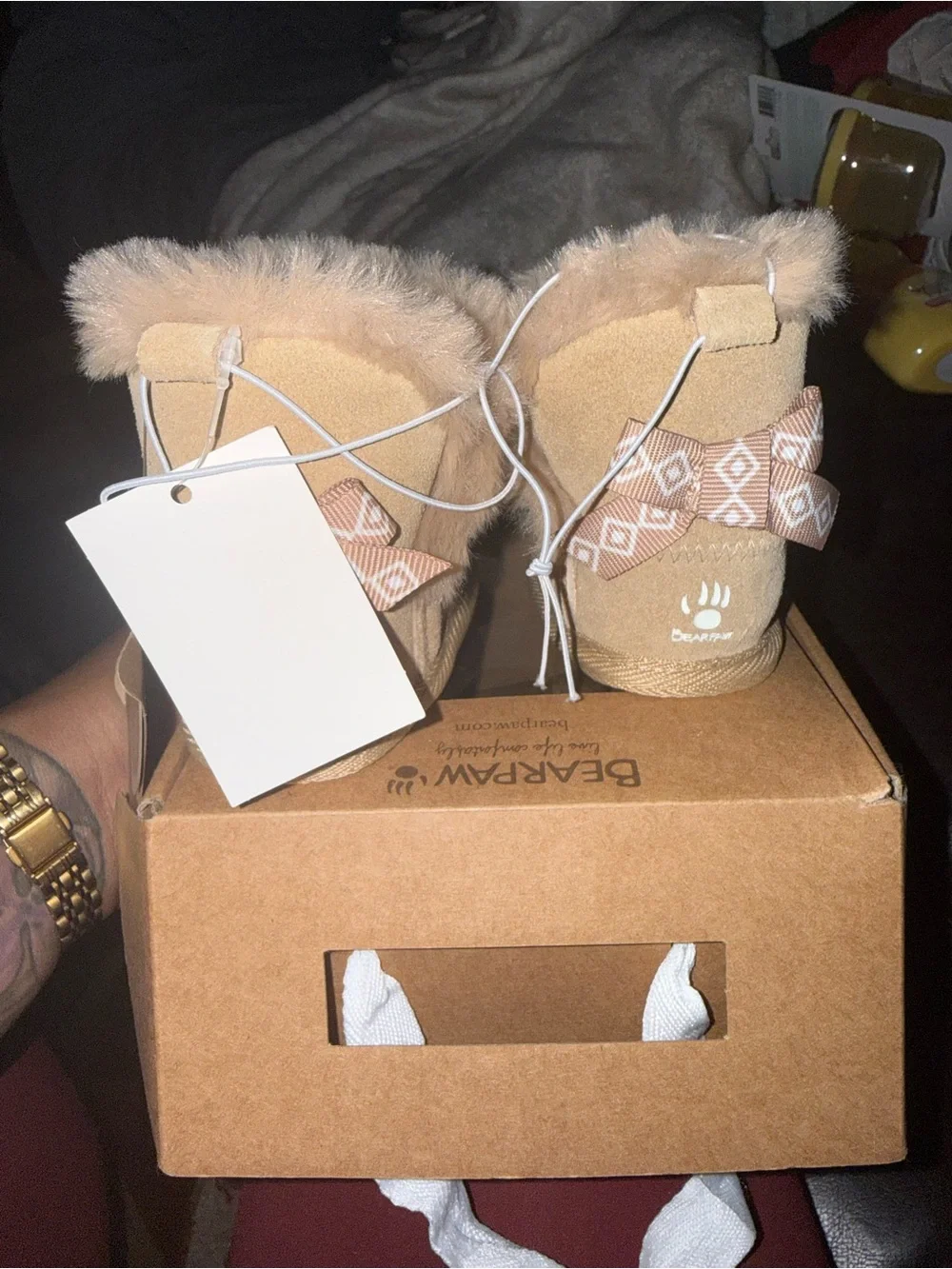 BearPaw Kids Tan Faux-Fur Lined Suede Booties